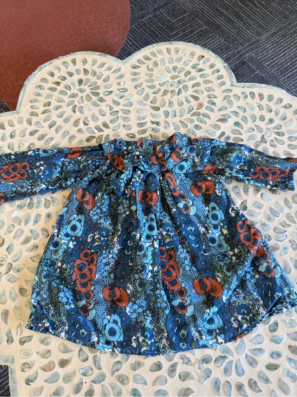 kate quinn vintage style Blue Floral bowed Dress with Rust and Green Accents
